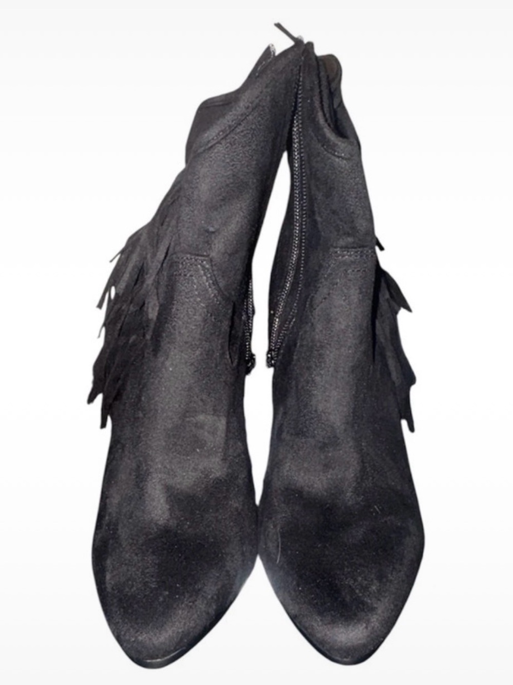 ZiGlny Hazeline Black Suede Fringe Ankle Boots- pointed toe side zip booties